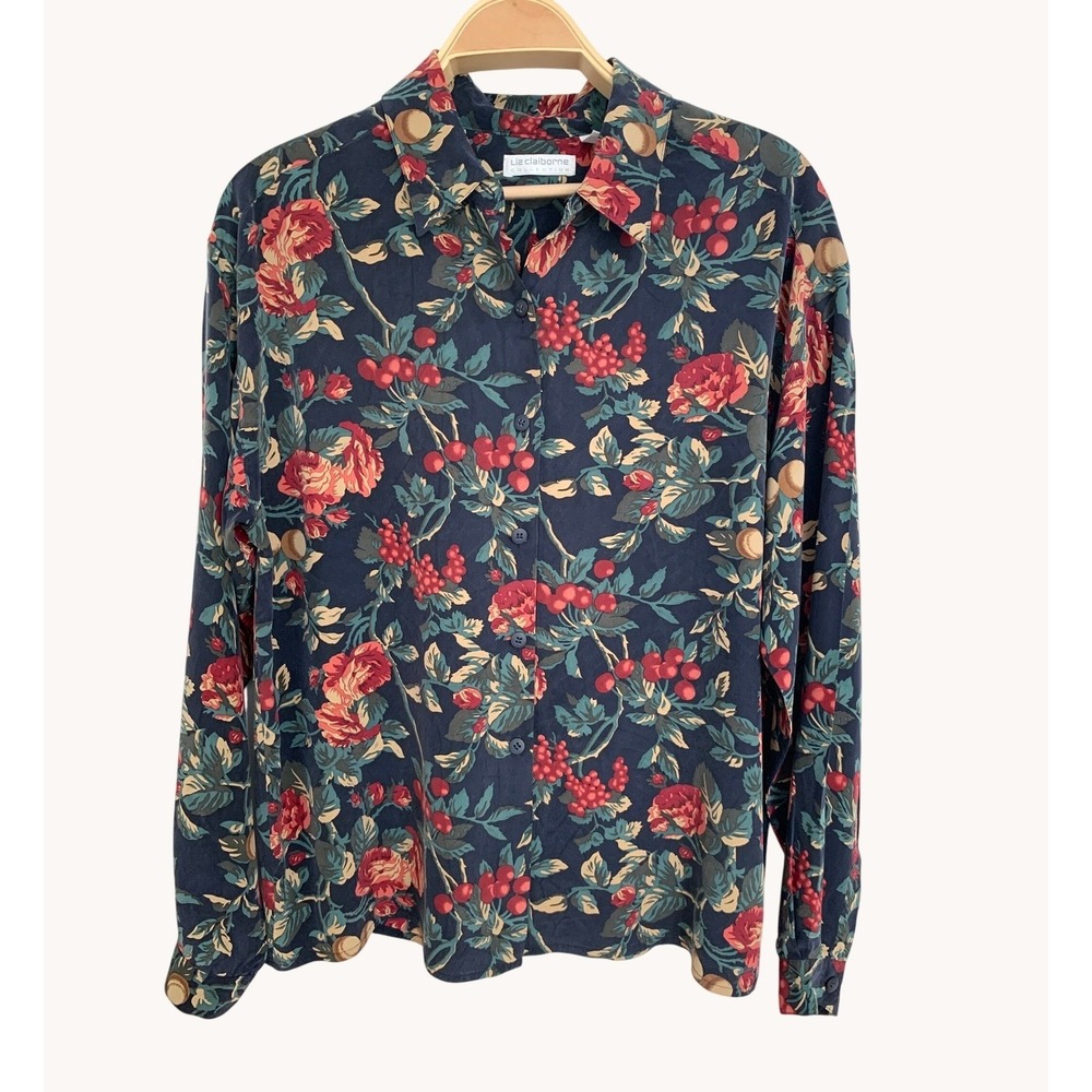 Liz Claiborne Collection 100% Silk Vintage Blouse 10 Floral Berry Botanical Navy